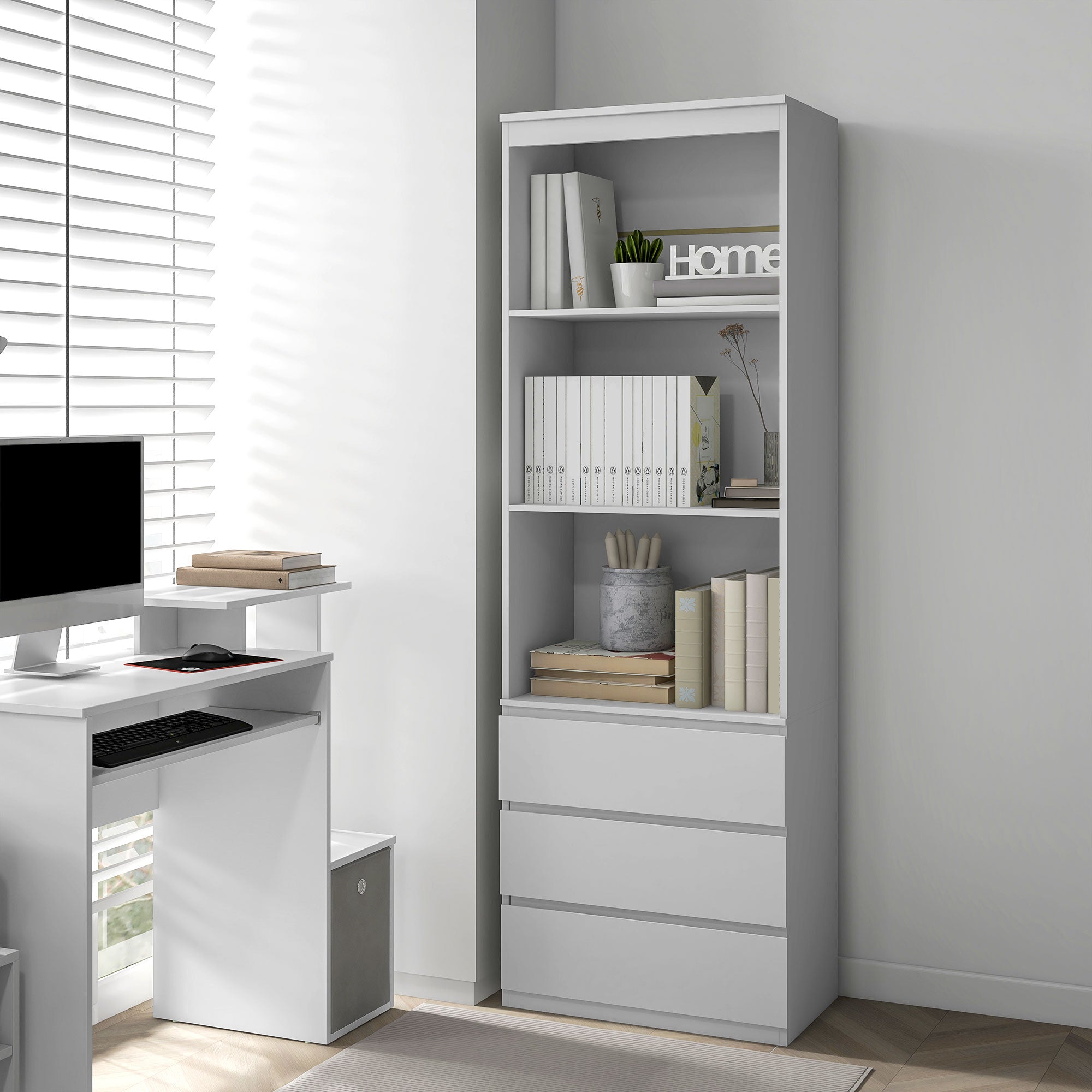 Bookcase Storage Cabinet High 180 cm with 3 Shelves and 3 Drawers in White Wood 60 x 35 x 180 cm