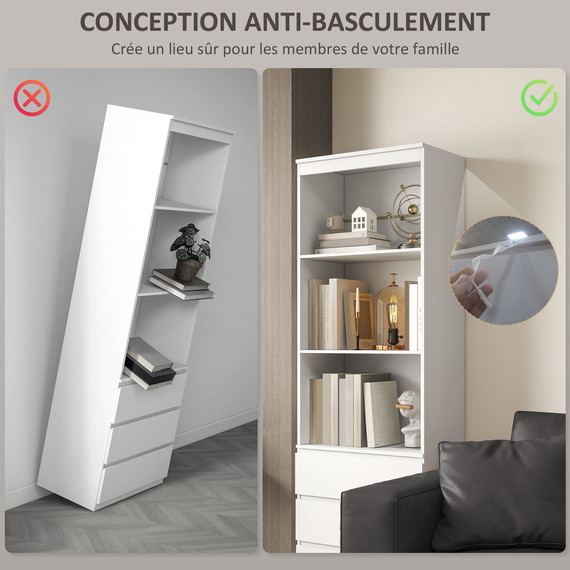 Bookcase Storage Cabinet High 180 cm with 3 Shelves and 3 Drawers in White Wood 60 x 35 x 180 cm