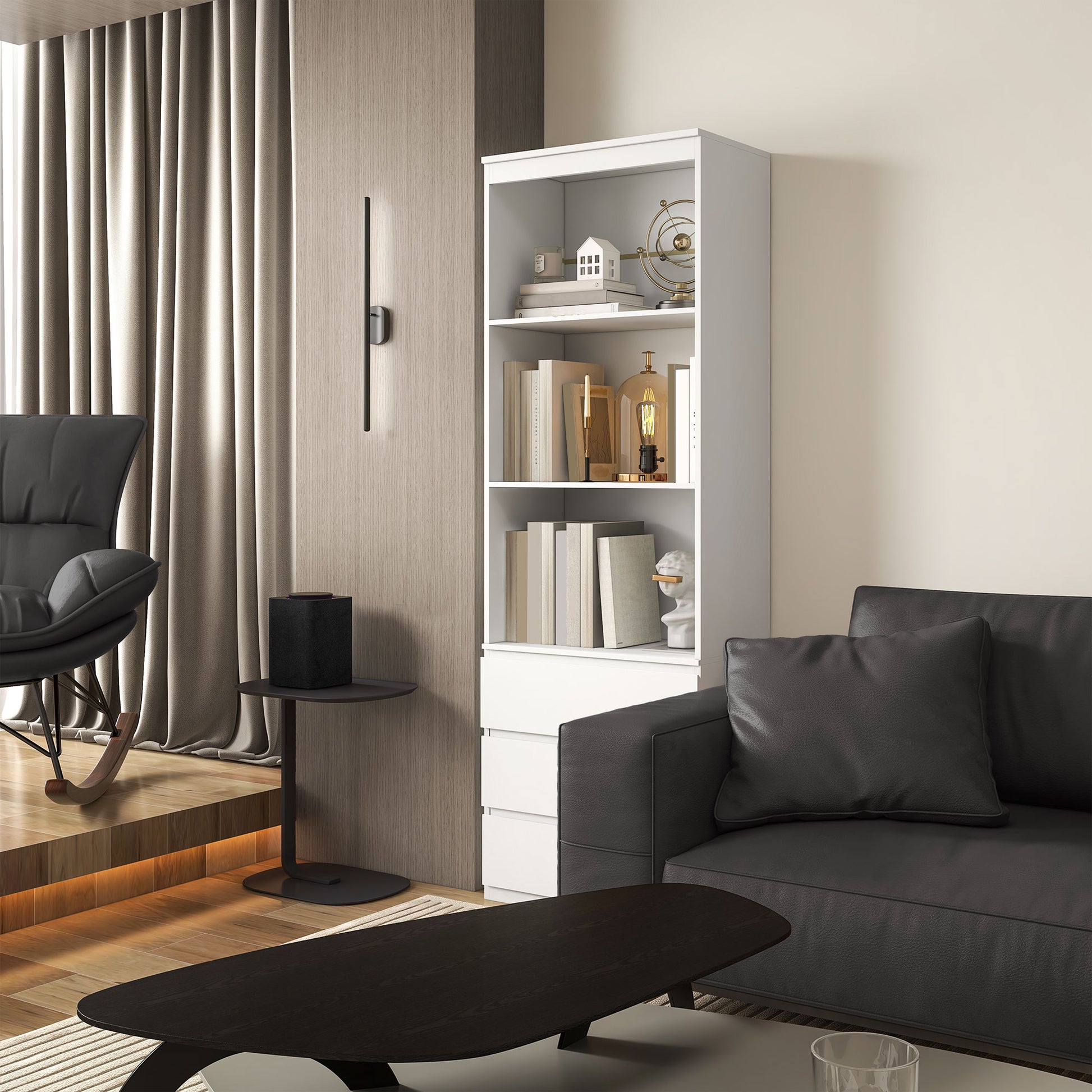 Bookcase Storage Cabinet High 180 cm with 3 Shelves and 3 Drawers in White Wood 60 x 35 x 180 cm