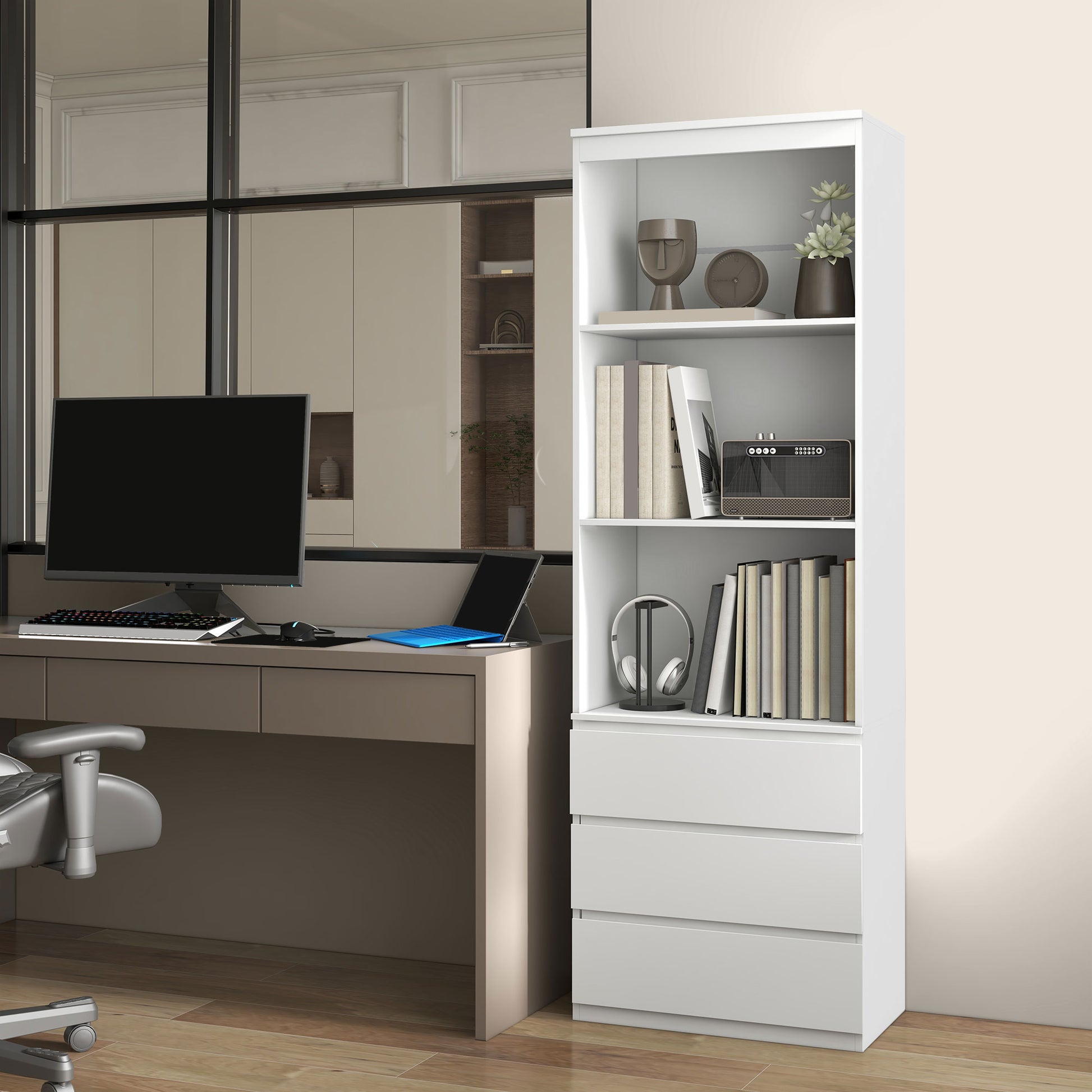 Bookcase Storage Cabinet High 180 cm with 3 Shelves and 3 Drawers in White Wood 60 x 35 x 180 cm