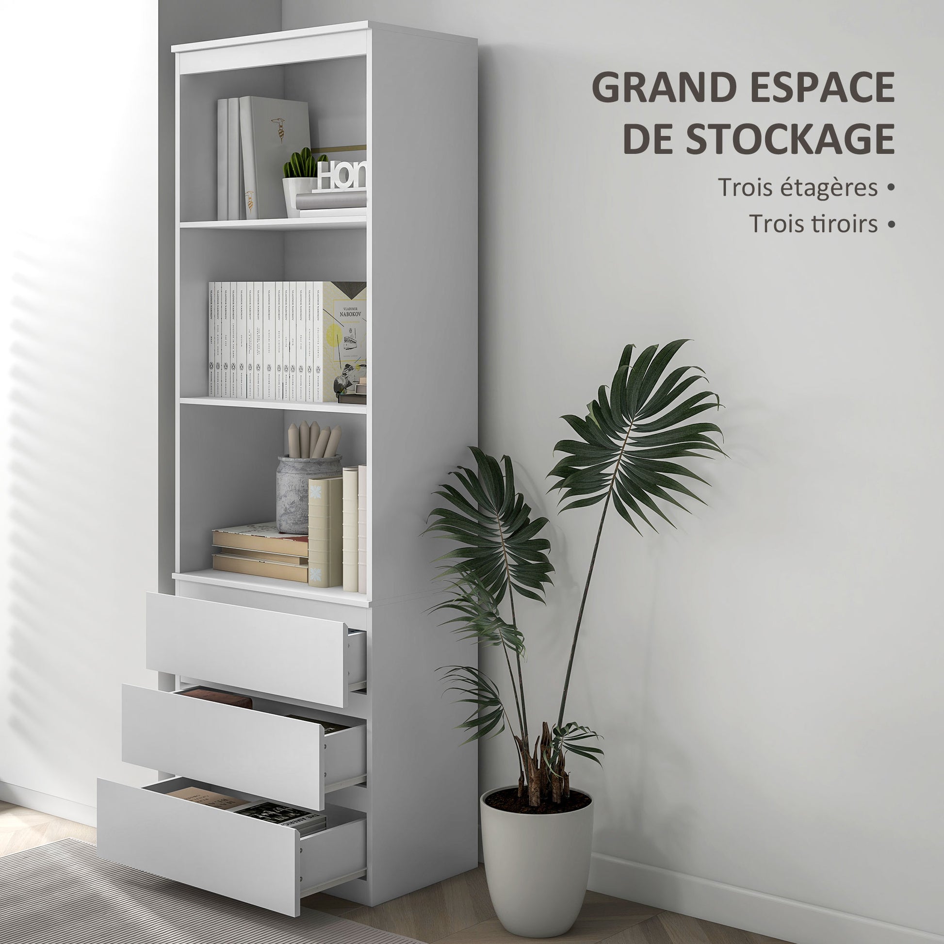 Bookcase Storage Cabinet High 180 cm with 3 Shelves and 3 Drawers in White Wood 60 x 35 x 180 cm