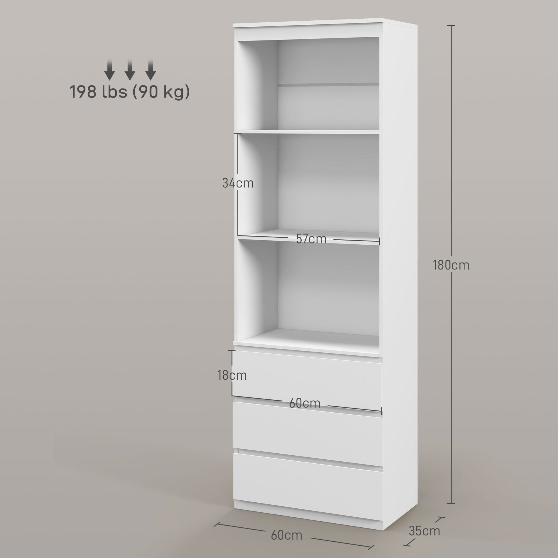 Bookcase Storage Cabinet High 180 cm with 3 Shelves and 3 Drawers in White Wood 60 x 35 x 180 cm