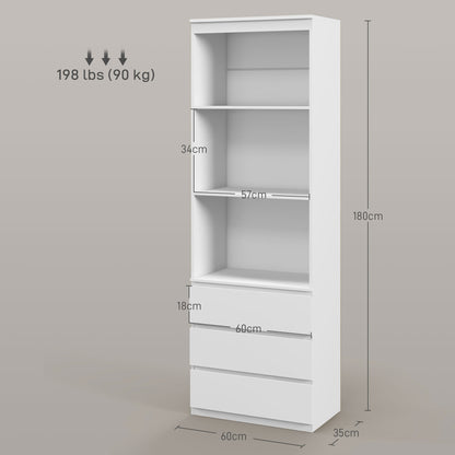 Bookcase Storage Cabinet High 180 cm with 3 Shelves and 3 Drawers in White Wood 60 x 35 x 180 cm