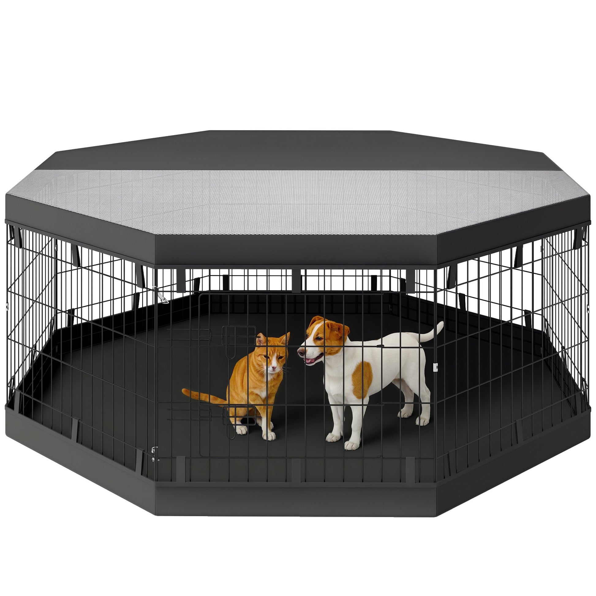 Dog Playpen, Indoor Dog Enclosure, 8 Foldable Modular Panels, with Door, Upper and Lower Cover, Steel, 61 x 61 cm, Black