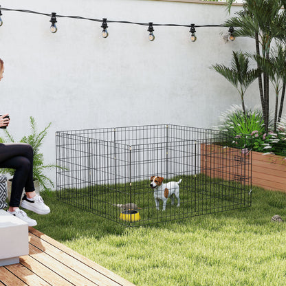 Dog Playpen, Indoor Dog Enclosure, 8 Foldable Modular Panels, with Door, Upper and Lower Cover, Steel, 61 x 61 cm, Black