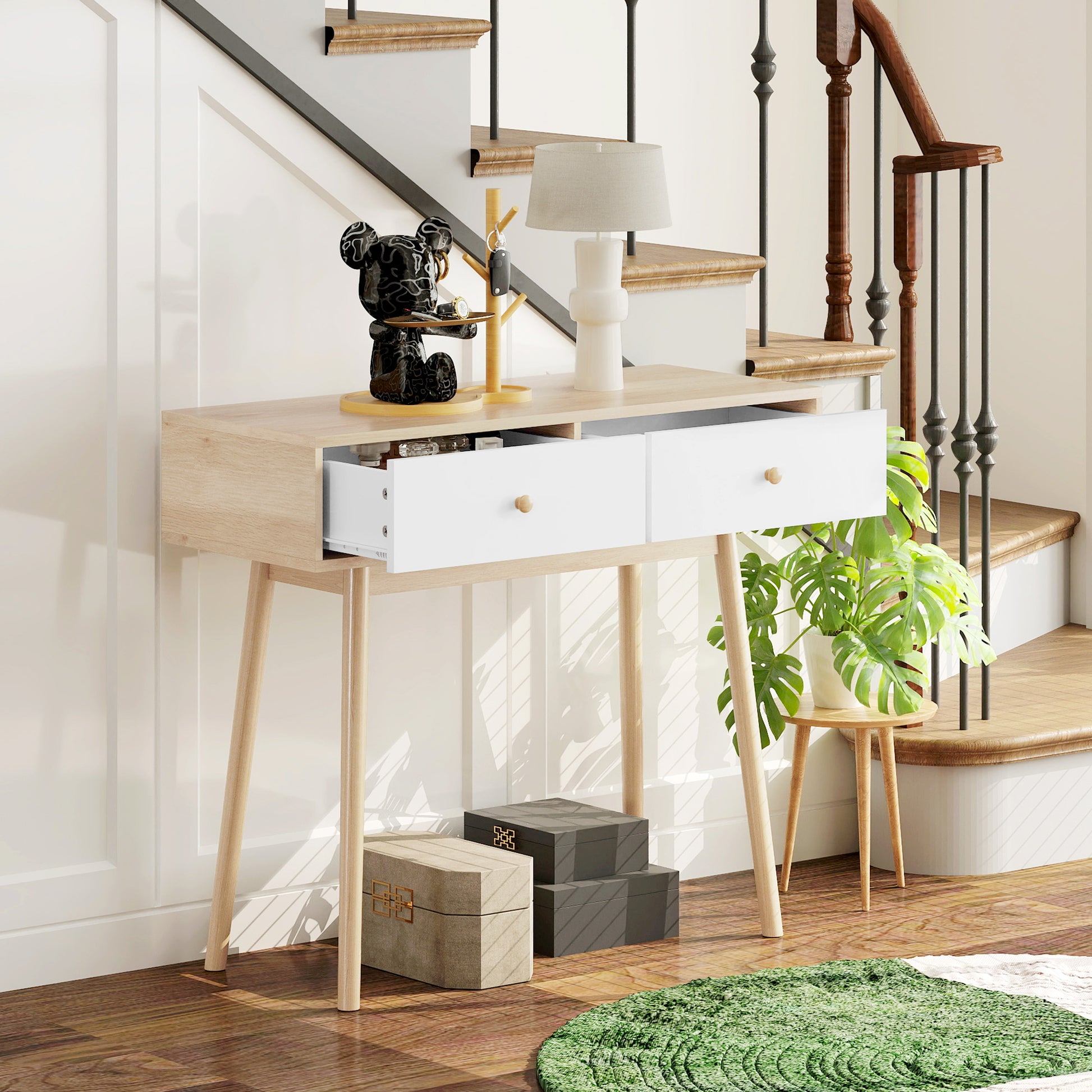 Narrow Console Table Entryway Console Table Sofa Table with 2 Drawers Modern Style for Hallway Entryway Living Room Bedroom Oak