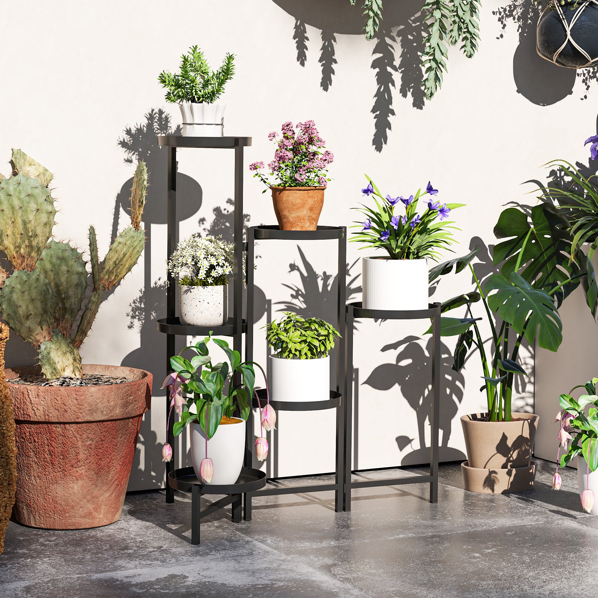 6-Tier Plant Stand with Shelves, Foldable Flower Stand for Indoor, Metal Plant Rack, Multi-Layer Flower Stand, 80cm Tall Flower Ladder Flower Column for Garden Balcony, Black