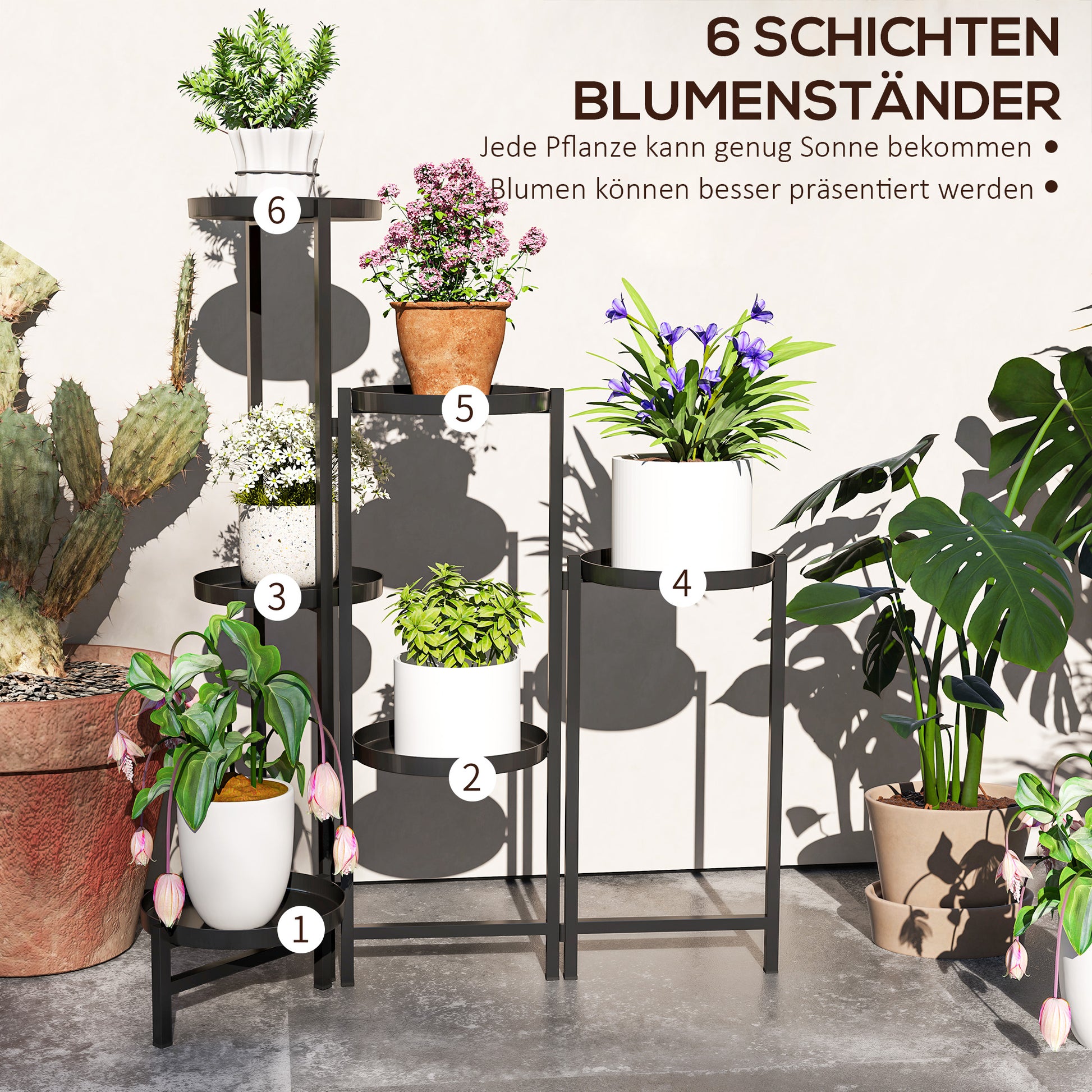6-Tier Plant Stand with Shelves, Foldable Flower Stand for Indoor, Metal Plant Rack, Multi-Layer Flower Stand, 80cm Tall Flower Ladder Flower Column for Garden Balcony, Black