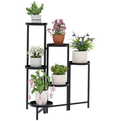 6-Tier Plant Stand with Shelves, Foldable Flower Stand for Indoor, Metal Plant Rack, Multi-Layer Flower Stand, 80cm Tall Flower Ladder Flower Column for Garden Balcony, Black