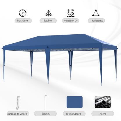 Folding Gazebo 6x3 m Foldable Canopy with 3-Level Adjustable Height UV-Resistant Awning and Carrying Bag for Camping Parties Blue