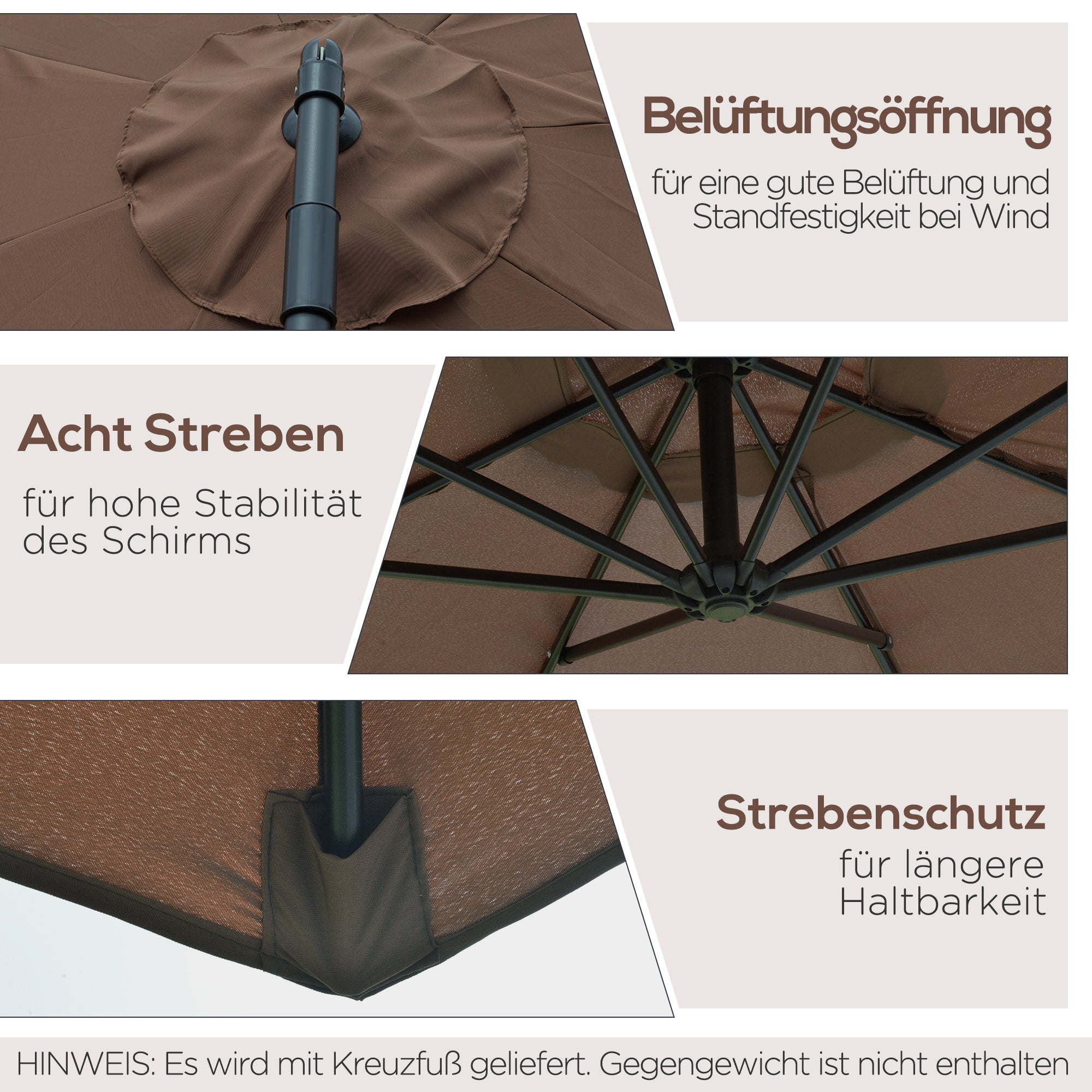 Cantilever Umbrella Ø300 cm tiltable Sunshade with UV Protection Crank Umbrella with Stand, Crank Mechanism, Market Umbrella Garden Umbrella Sun Protection for Balcony Garden Terrace Coffee