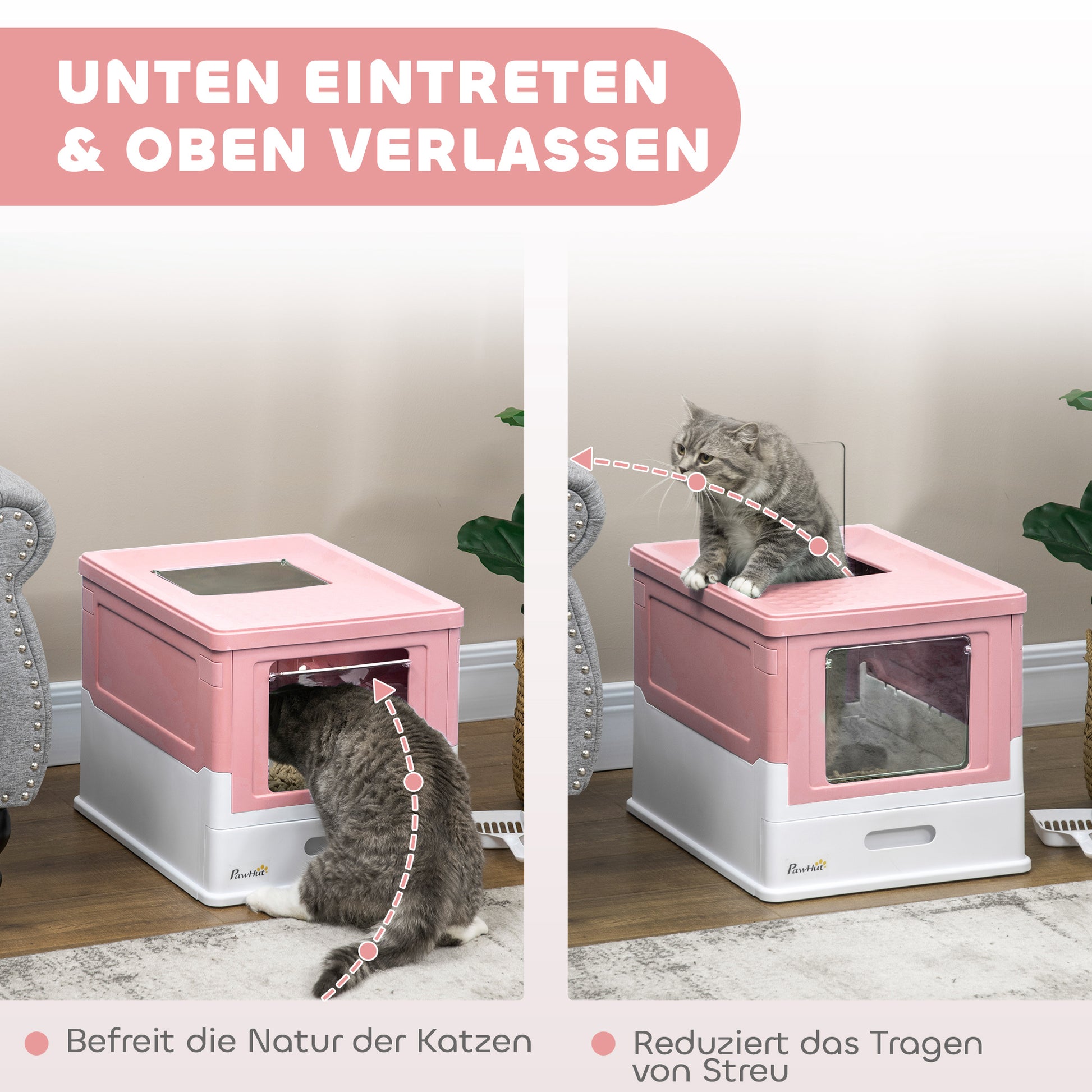 Cat Litter Box with Lid Hooded Cat Toilet Scoop Pull-out Tray Cat Litter Box for Cats up to 5 kg 47.5 x 35.5 x 36.7 cm White+Pink