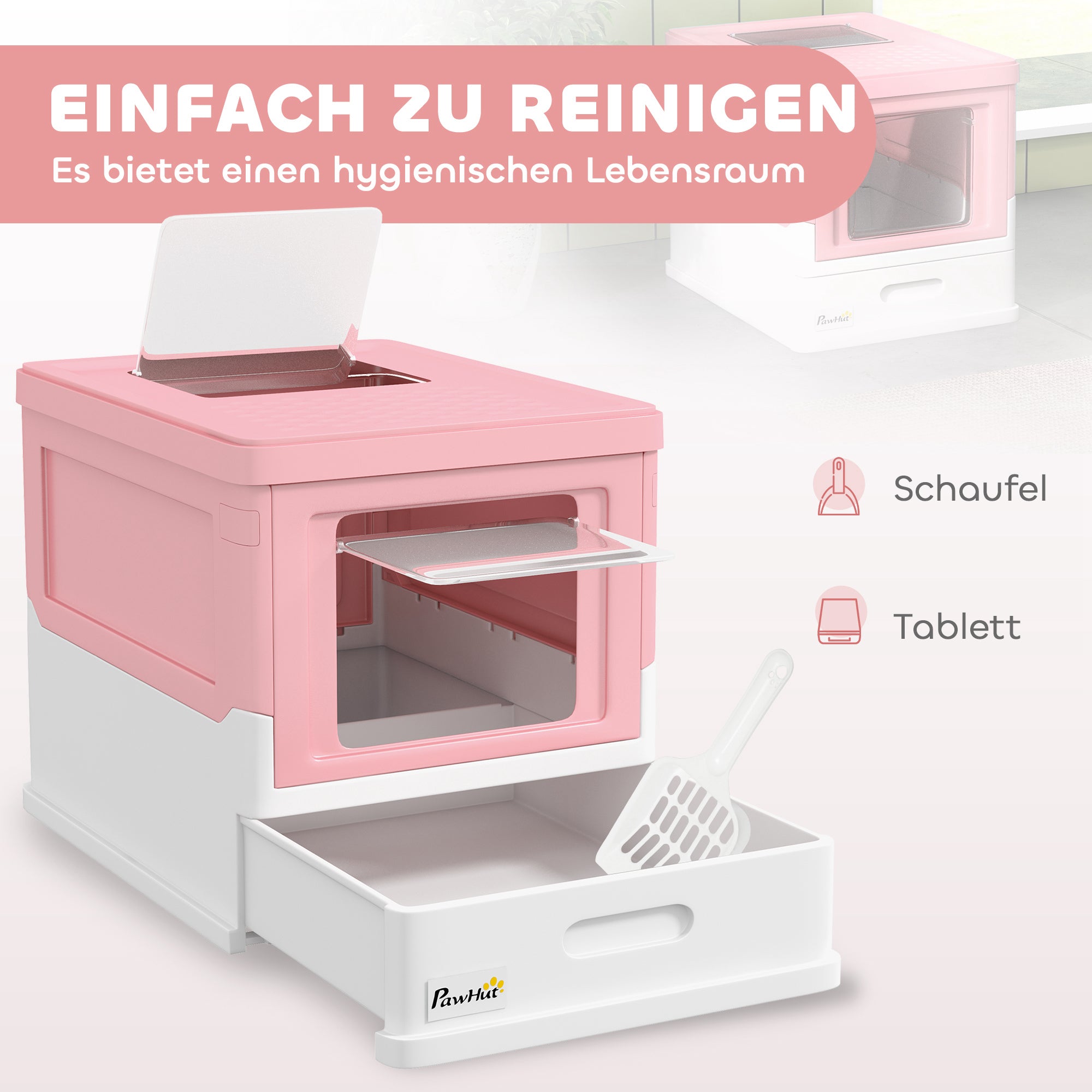 Cat Litter Box with Lid Hooded Cat Toilet Scoop Pull-out Tray Cat Litter Box for Cats up to 5 kg 47.5 x 35.5 x 36.7 cm White+Pink