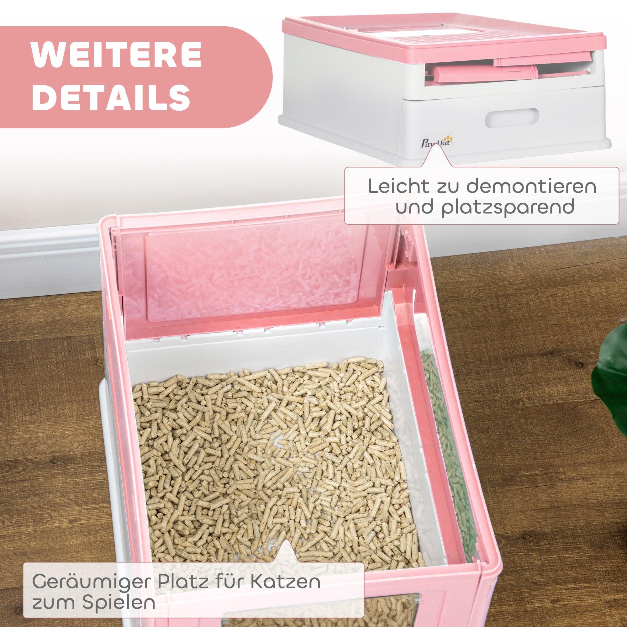 Cat Litter Box with Lid Hooded Cat Toilet Scoop Pull-out Tray Cat Litter Box for Cats up to 5 kg 47.5 x 35.5 x 36.7 cm White+Pink