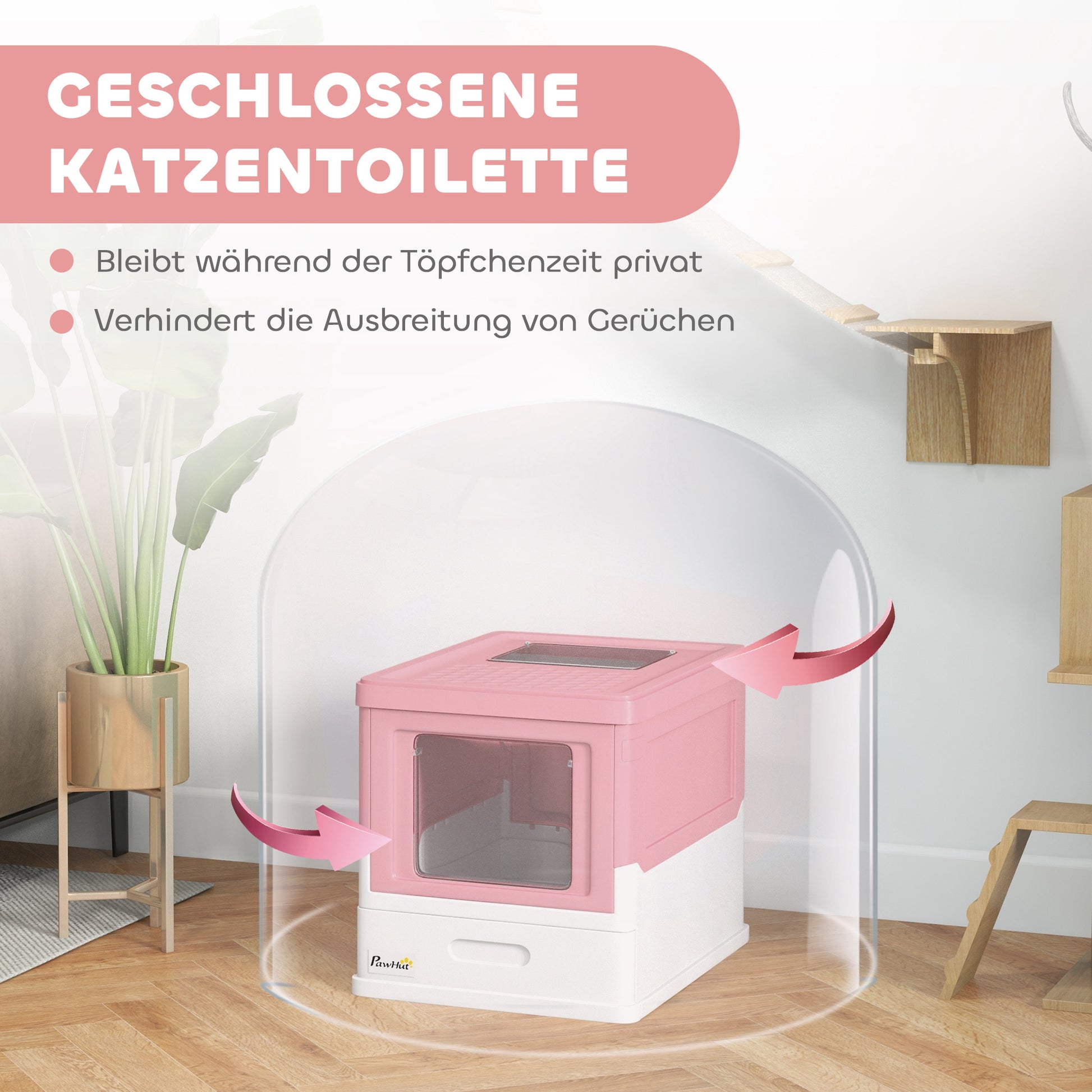 Cat Litter Box with Lid Hooded Cat Toilet Scoop Pull-out Tray Cat Litter Box for Cats up to 5 kg 47.5 x 35.5 x 36.7 cm White+Pink