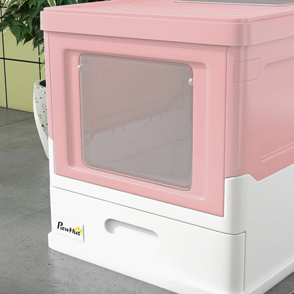 Cat Litter Box with Lid Hooded Cat Toilet Scoop Pull-out Tray Cat Litter Box for Cats up to 5 kg 47.5 x 35.5 x 36.7 cm White+Pink