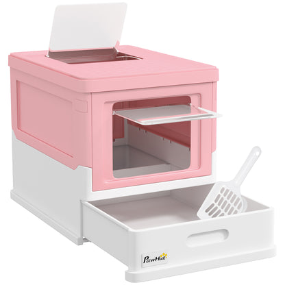 Cat Litter Box with Lid Hooded Cat Toilet Scoop Pull-out Tray Cat Litter Box for Cats up to 5 kg 47.5 x 35.5 x 36.7 cm White+Pink