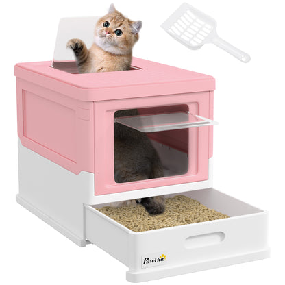 Cat Litter Box with Lid Hooded Cat Toilet Scoop Pull-out Tray Cat Litter Box for Cats up to 5 kg 47.5 x 35.5 x 36.7 cm White+Pink