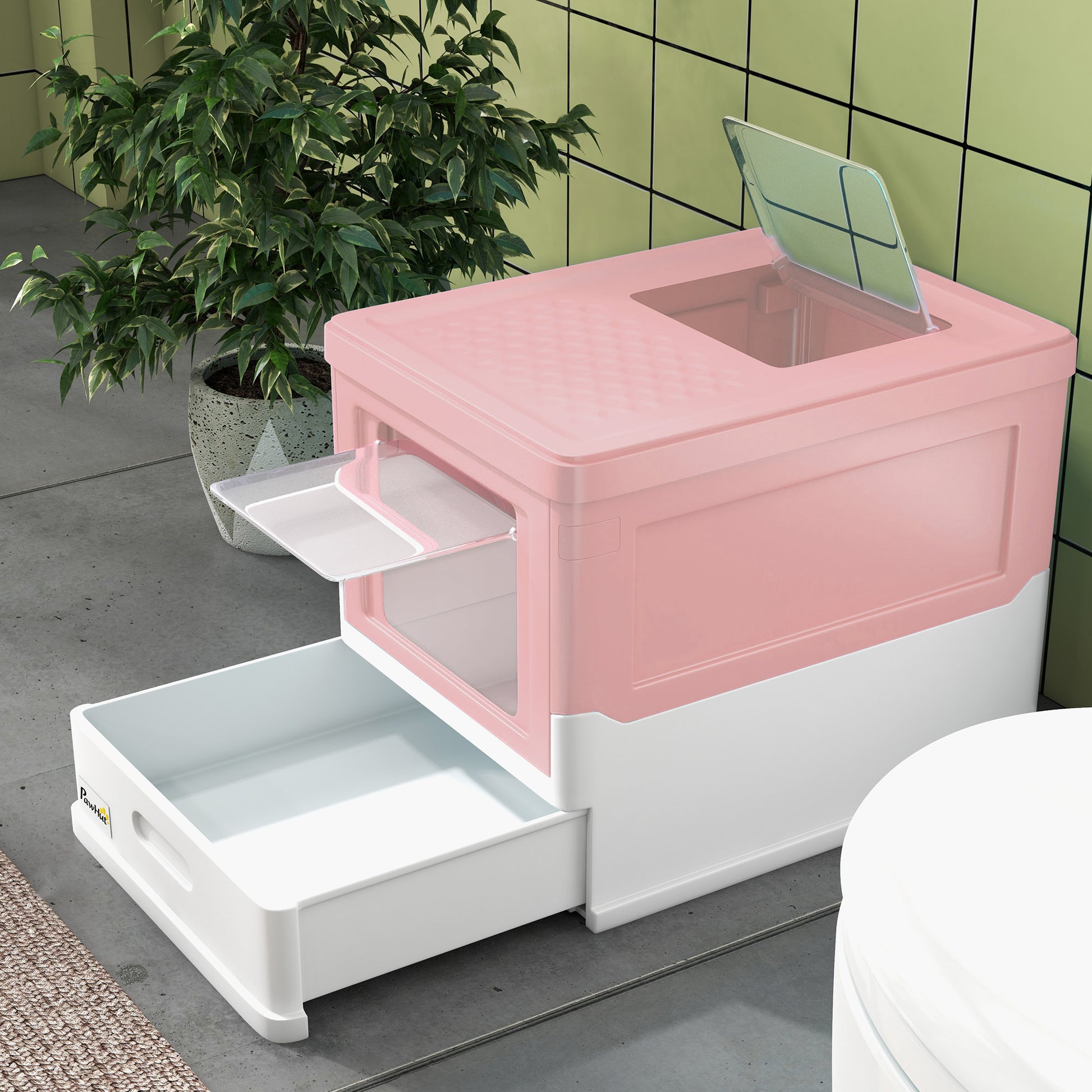 Cat Litter Box with Lid Hooded Cat Toilet Scoop Pull-out Tray Cat Litter Box for Cats up to 5 kg 47.5 x 35.5 x 36.7 cm White+Pink
