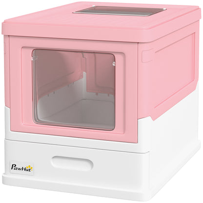 Cat Litter Box with Lid Hooded Cat Toilet Scoop Pull-out Tray Cat Litter Box for Cats up to 5 kg 47.5 x 35.5 x 36.7 cm White+Pink