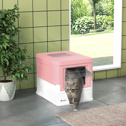 Cat Litter Box with Lid Hooded Cat Toilet Scoop Pull-out Tray Cat Litter Box for Cats up to 5 kg 47.5 x 35.5 x 36.7 cm White+Pink