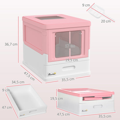 Cat Litter Box with Lid Hooded Cat Toilet Scoop Pull-out Tray Cat Litter Box for Cats up to 5 kg 47.5 x 35.5 x 36.7 cm White+Pink