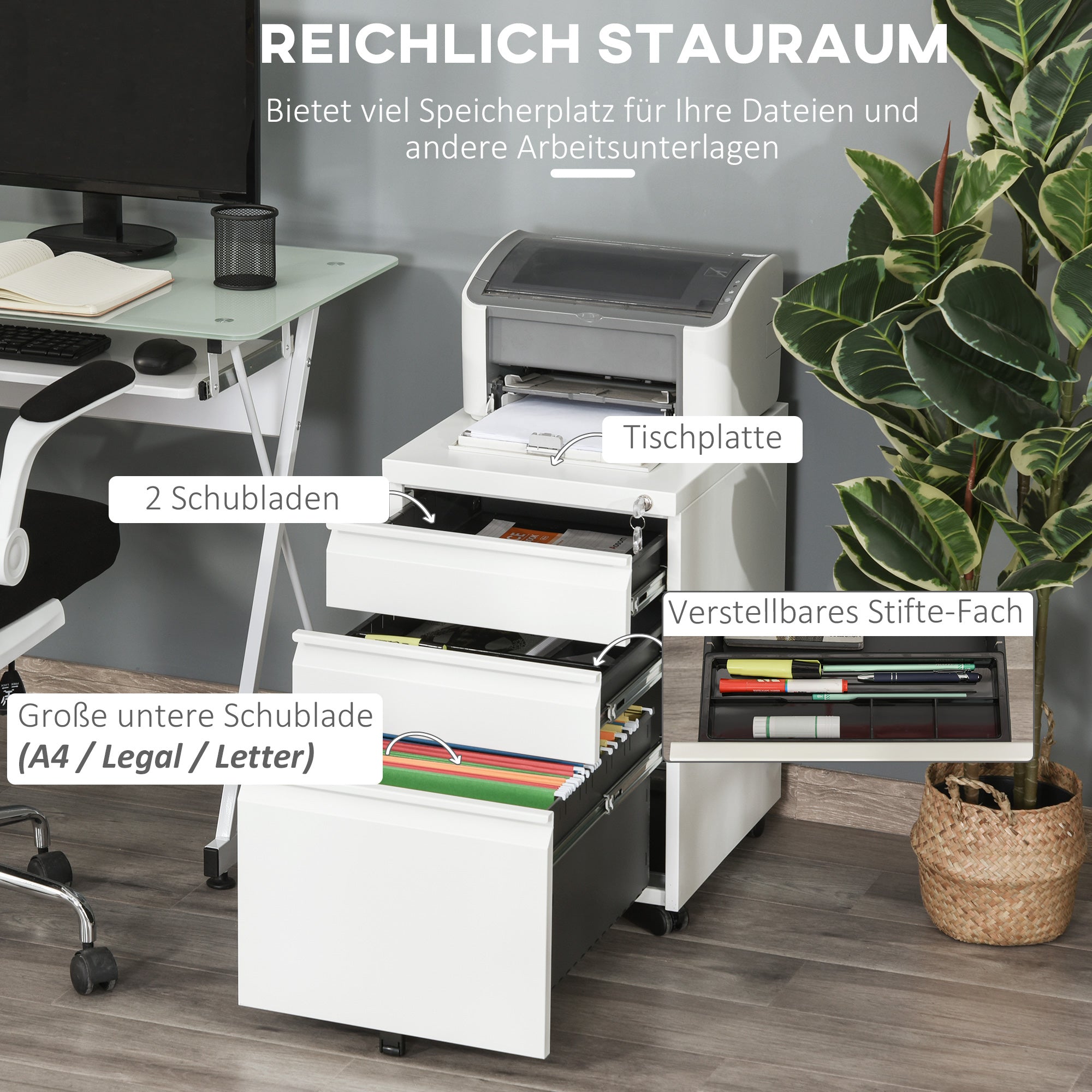 Roll Container with 3 Drawers Mobile Filing Cabinet with Lockable Wheels Office Cabinet with Concave Handle, Drawer Cabinet for Office, Home Office, 39 x 48 x 60 cm, White
