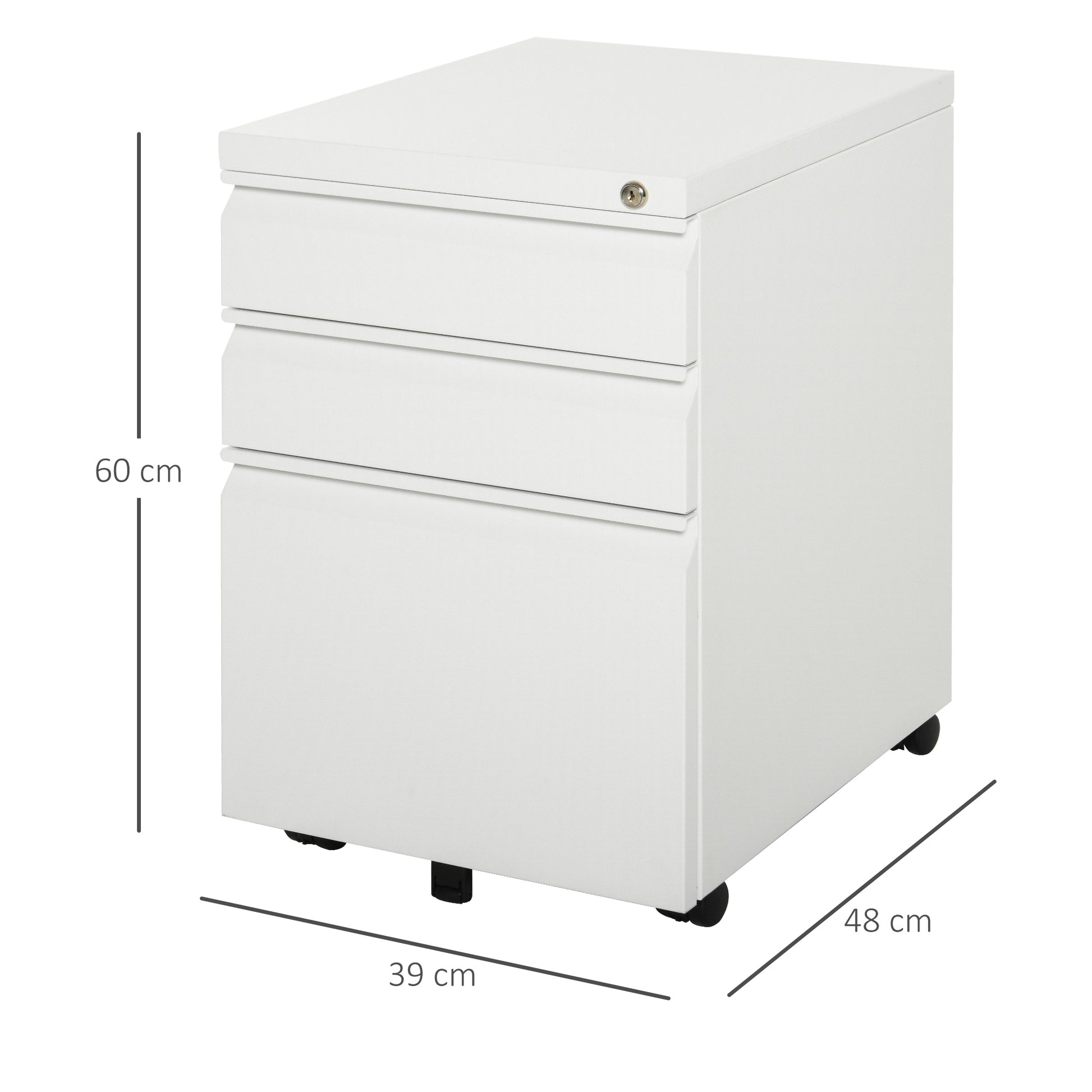 Roll Container with 3 Drawers Mobile Filing Cabinet with Lockable Wheels Office Cabinet with Concave Handle, Drawer Cabinet for Office, Home Office, 39 x 48 x 60 cm, White