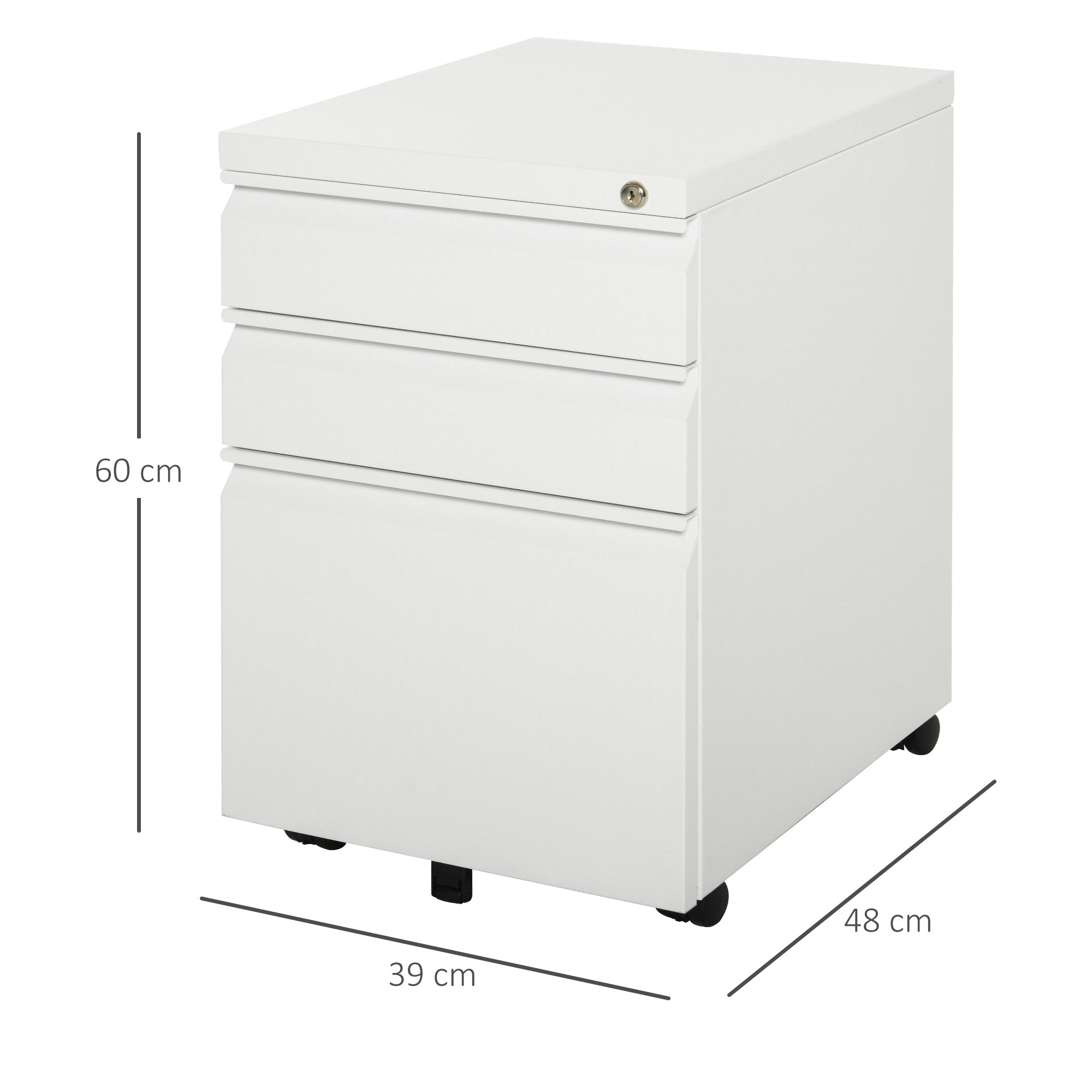 Roll Container with 3 Drawers Mobile Filing Cabinet with Lockable Wheels Office Cabinet with Concave Handle, Drawer Cabinet for Office, Home Office, 39 x 48 x 60 cm, White