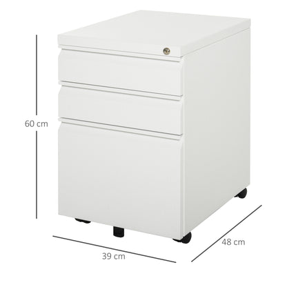 Roll Container with 3 Drawers Mobile Filing Cabinet with Lockable Wheels Office Cabinet with Concave Handle, Drawer Cabinet for Office, Home Office, 39 x 48 x 60 cm, White