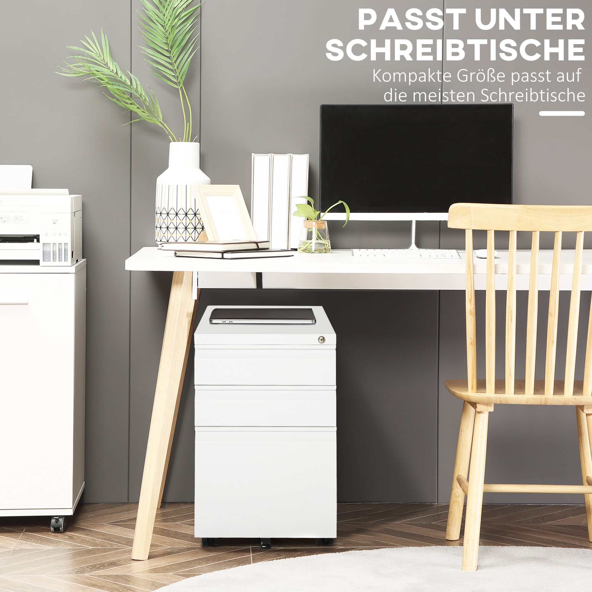 Roll Container with 3 Drawers Mobile Filing Cabinet with Lockable Wheels Office Cabinet with Concave Handle, Drawer Cabinet for Office, Home Office, 39 x 48 x 60 cm, White