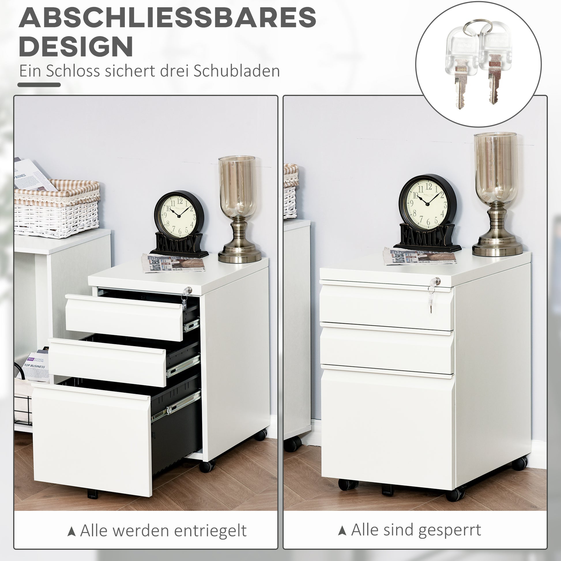 Roll Container with 3 Drawers Mobile Filing Cabinet with Lockable Wheels Office Cabinet with Concave Handle, Drawer Cabinet for Office, Home Office, 39 x 48 x 60 cm, White