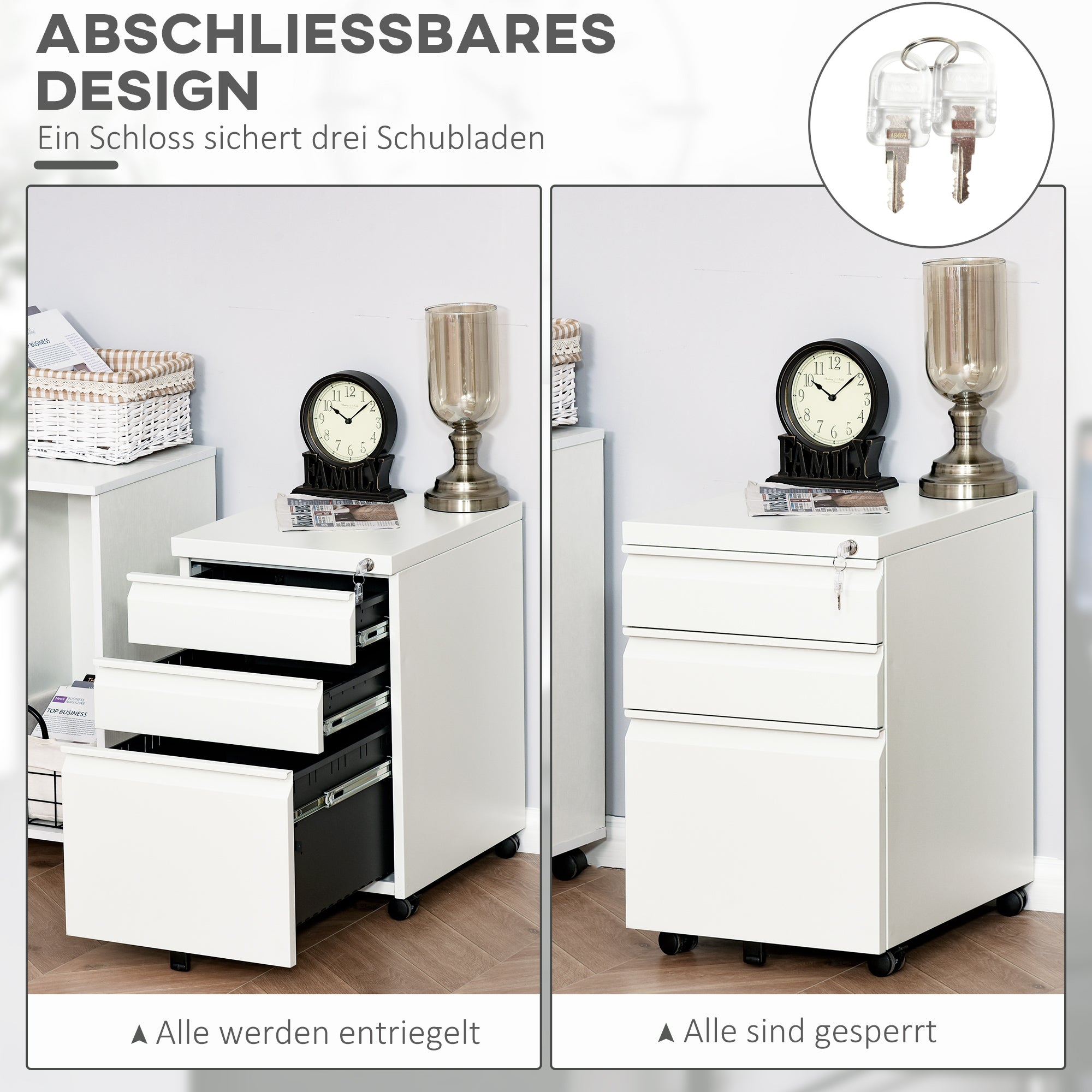 Roll Container with 3 Drawers Mobile Filing Cabinet with Lockable Wheels Office Cabinet with Concave Handle, Drawer Cabinet for Office, Home Office, 39 x 48 x 60 cm, White