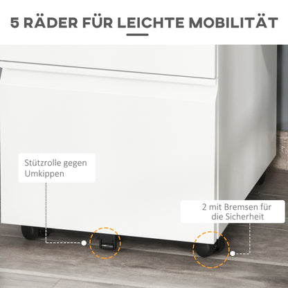 Roll Container with 3 Drawers Mobile Filing Cabinet with Lockable Wheels Office Cabinet with Concave Handle, Drawer Cabinet for Office, Home Office, 39 x 48 x 60 cm, White