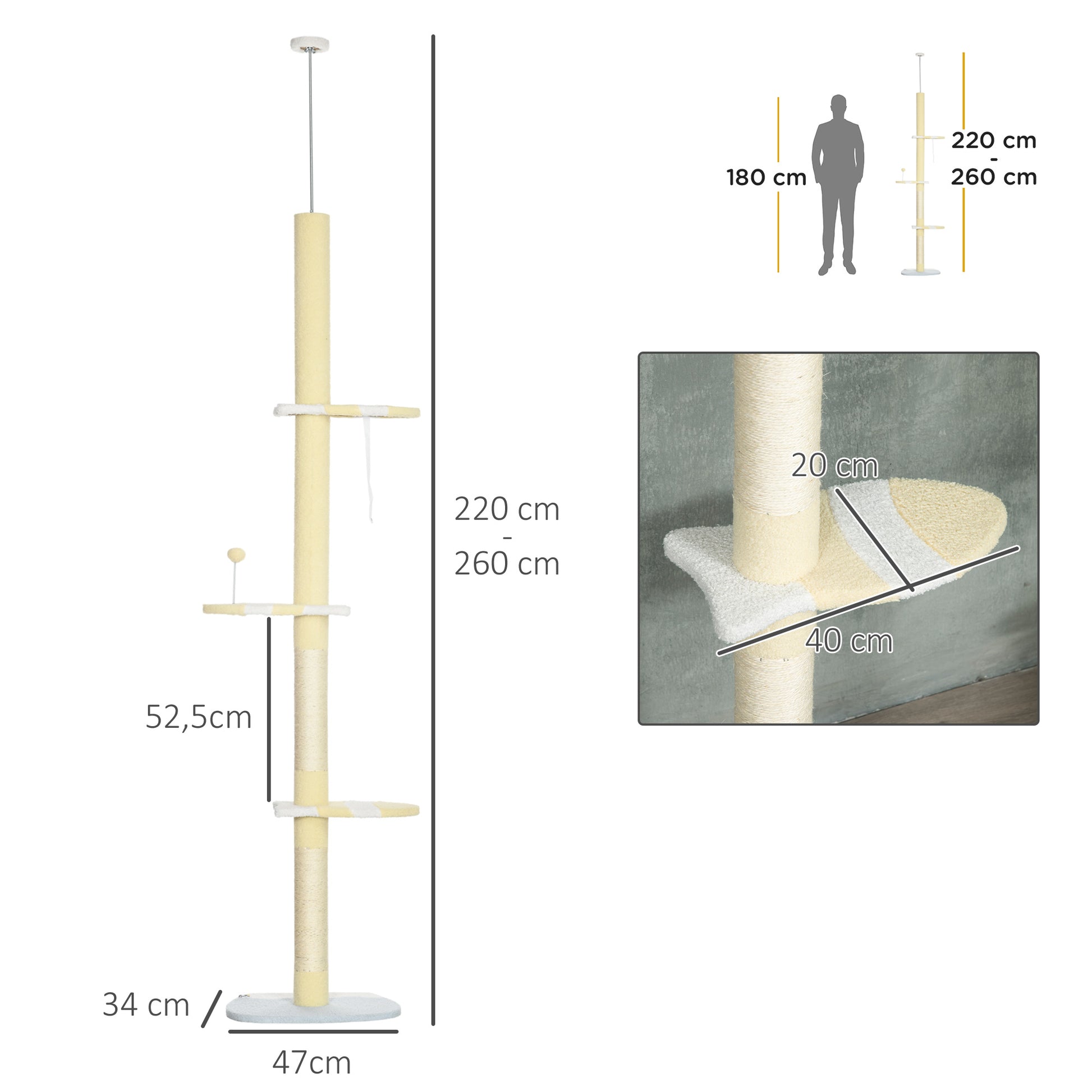 Floor to Ceiling Cat Tree Height 220-260 cm Cat Scratching Post with Sisal Columns, Play Balls, Sisal Posts, Platforms Multi-Level Cat Tree Climbing Tree for Medium-Sized Cats, Yellow