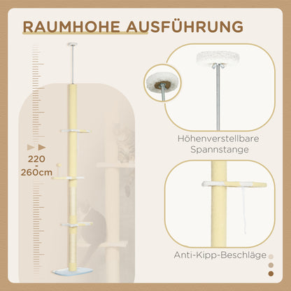 Floor to Ceiling Cat Tree Height 220-260 cm Cat Scratching Post with Sisal Columns, Play Balls, Sisal Posts, Platforms Multi-Level Cat Tree Climbing Tree for Medium-Sized Cats, Yellow