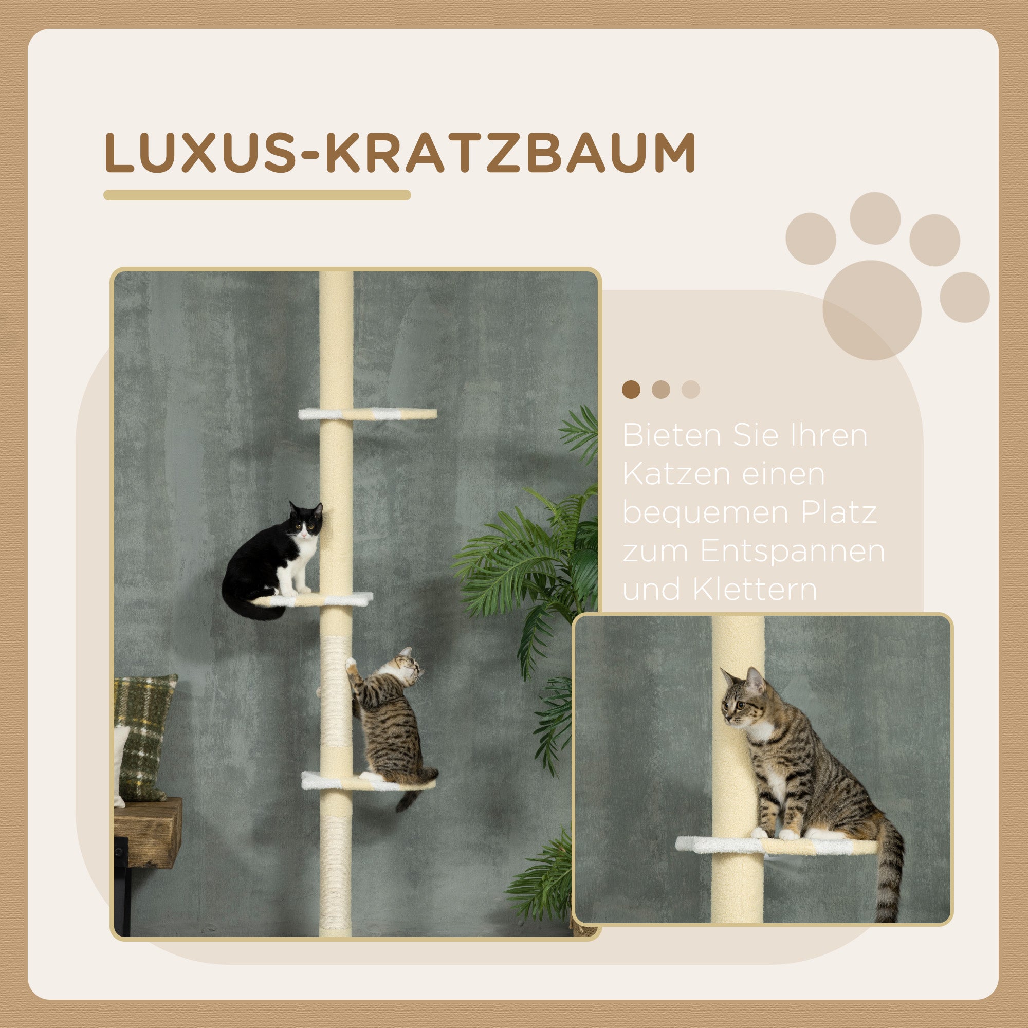 Floor to Ceiling Cat Tree Height 220-260 cm Cat Scratching Post with Sisal Columns, Play Balls, Sisal Posts, Platforms Multi-Level Cat Tree Climbing Tree for Medium-Sized Cats, Yellow