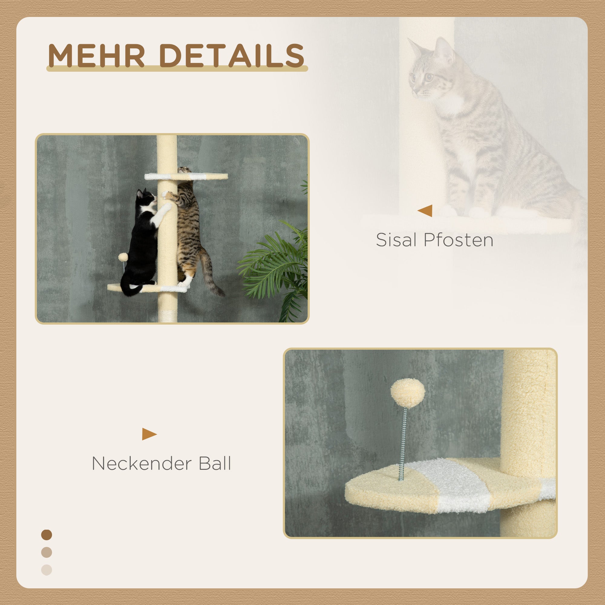 Floor to Ceiling Cat Tree Height 220-260 cm Cat Scratching Post with Sisal Columns, Play Balls, Sisal Posts, Platforms Multi-Level Cat Tree Climbing Tree for Medium-Sized Cats, Yellow