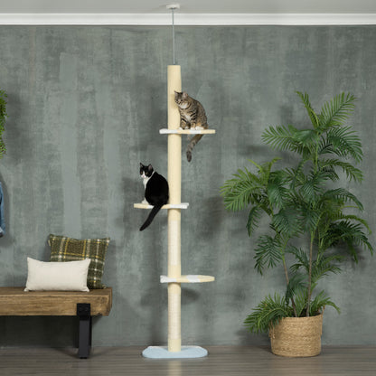 Floor to Ceiling Cat Tree Height 220-260 cm Cat Scratching Post with Sisal Columns, Play Balls, Sisal Posts, Platforms Multi-Level Cat Tree Climbing Tree for Medium-Sized Cats, Yellow