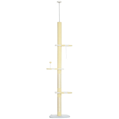 Floor to Ceiling Cat Tree Height 220-260 cm Cat Scratching Post with Sisal Columns, Play Balls, Sisal Posts, Platforms Multi-Level Cat Tree Climbing Tree for Medium-Sized Cats, Yellow