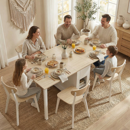 Folding Dining Table, Foldable Kitchen Table for 6 People with Drop Leaves, Drawers and Open Shelves for Small Spaces, 66.3 x 33.5 x 28.7 in (168.2 x 85 x 73 cm), White