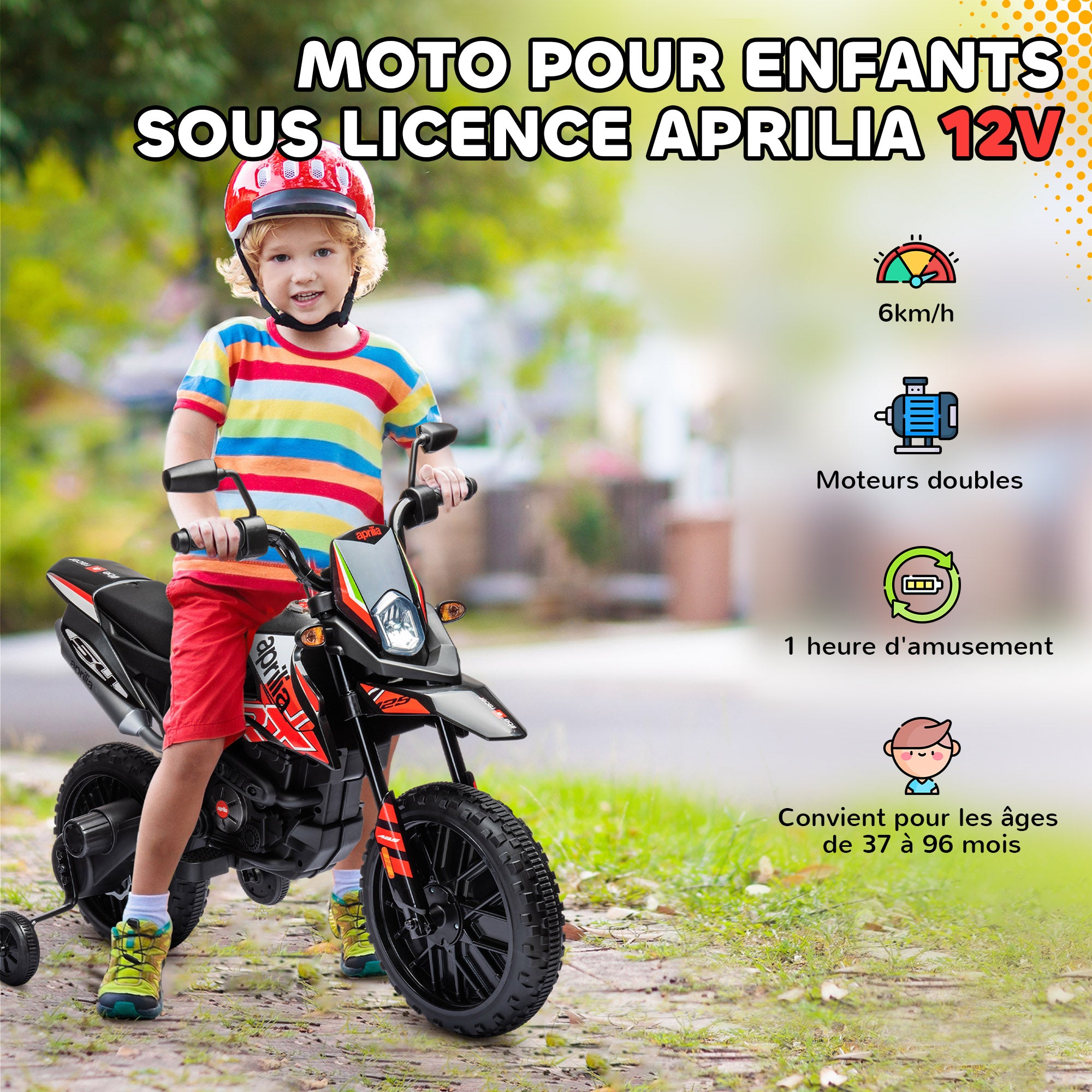 Kids Electric Motorcycle cross bike for children under Aprilia license with 2 12V motors, max speed 6 km/h, training wheels, spring suspension, LED light, music, USB - red