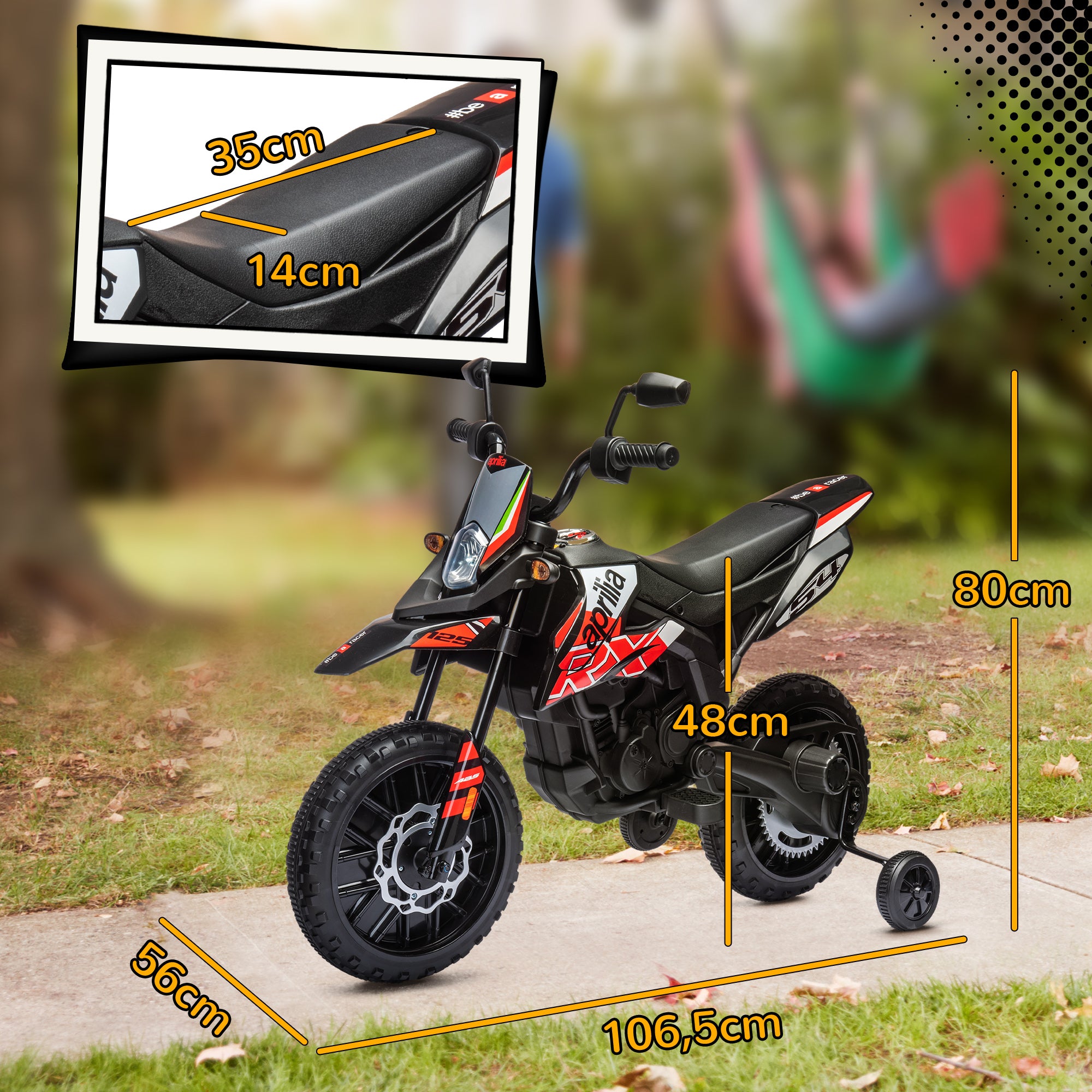 Kids Electric Motorcycle cross bike for children under Aprilia license with 2 12V motors, max speed 6 km/h, training wheels, spring suspension, LED light, music, USB - red