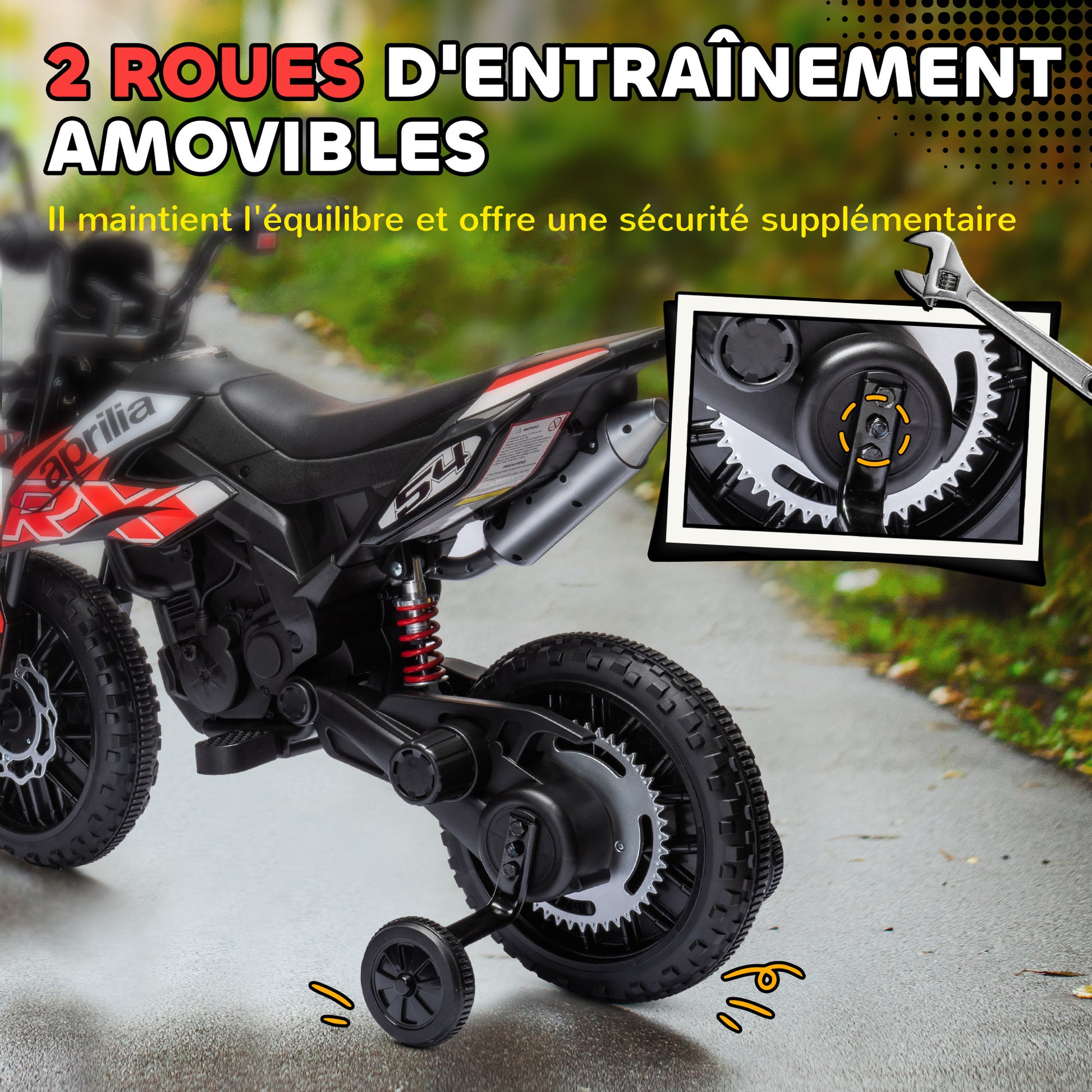 Kids Electric Motorcycle cross bike for children under Aprilia license with 2 12V motors, max speed 6 km/h, training wheels, spring suspension, LED light, music, USB - red