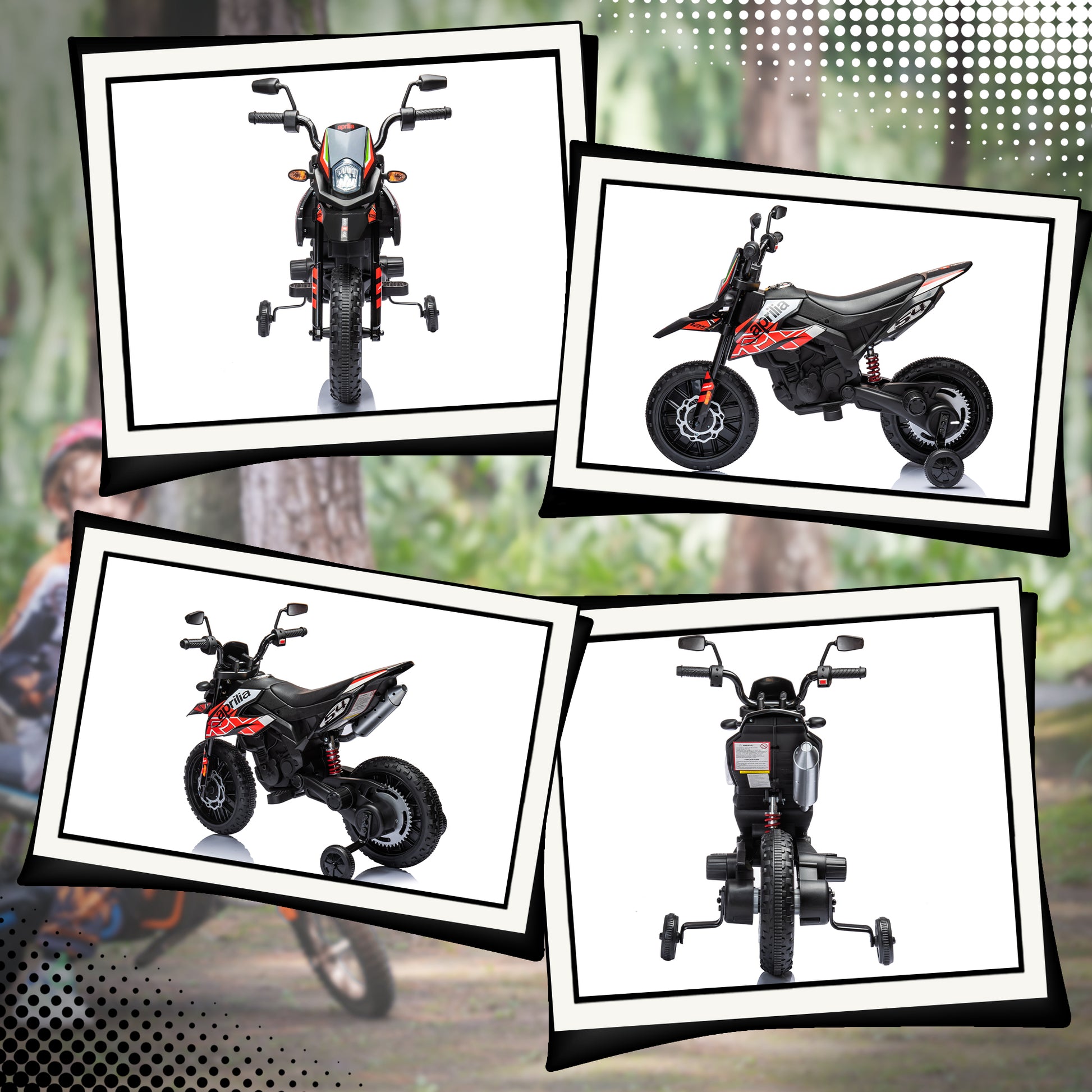 Kids Electric Motorcycle cross bike for children under Aprilia license with 2 12V motors, max speed 6 km/h, training wheels, spring suspension, LED light, music, USB - red