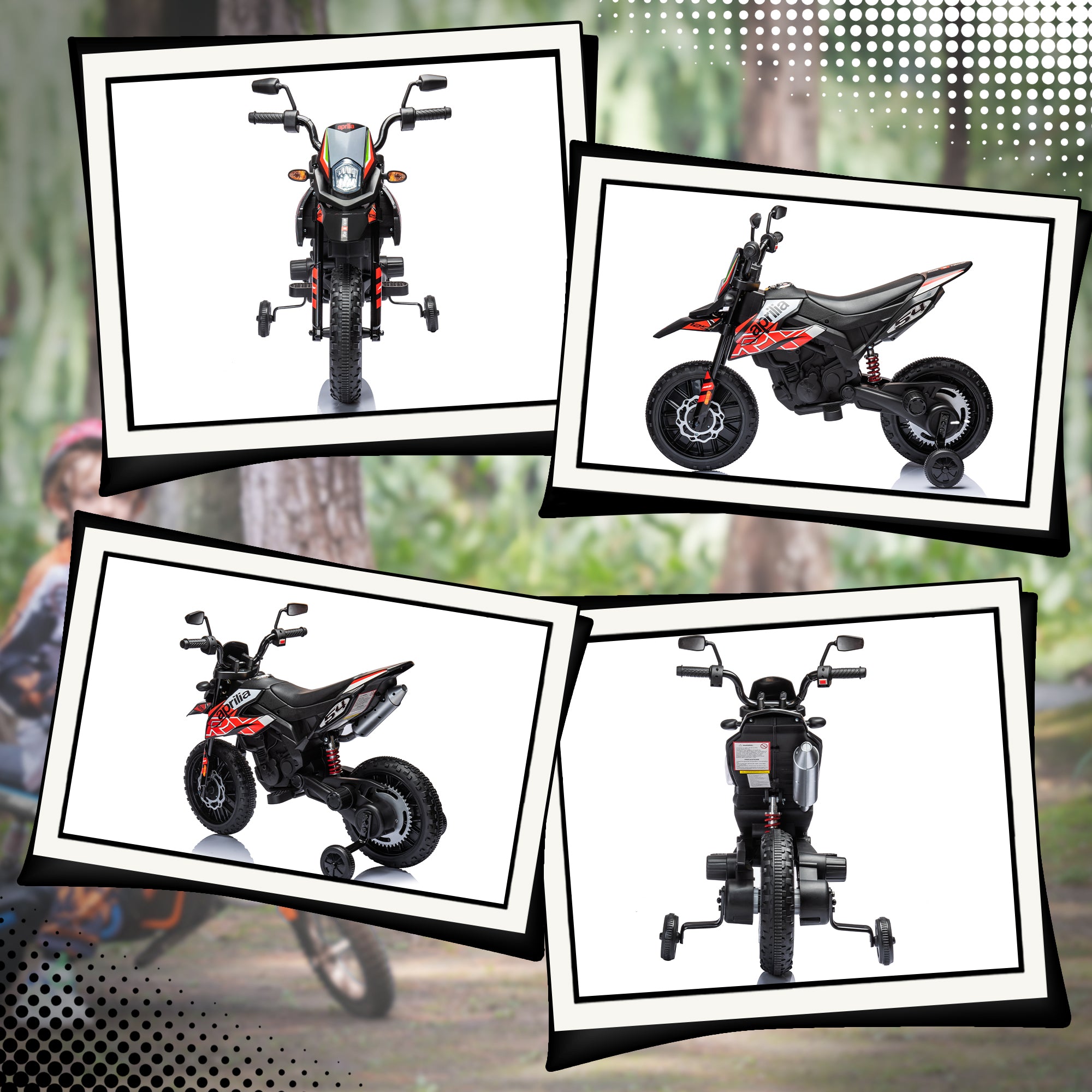 Kids Electric Motorcycle cross bike for children under Aprilia license with 2 12V motors, max speed 6 km/h, training wheels, spring suspension, LED light, music, USB - red
