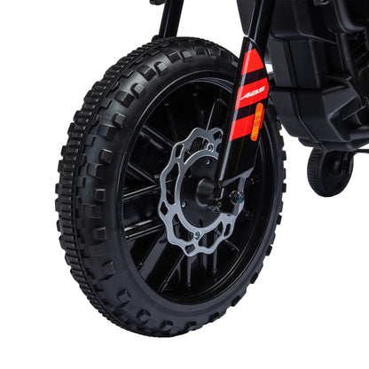 Kids Electric Motorcycle cross bike for children under Aprilia license with 2 12V motors, max speed 6 km/h, training wheels, spring suspension, LED light, music, USB - red