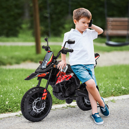 Kids Electric Motorcycle cross bike for children under Aprilia license with 2 12V motors, max speed 6 km/h, training wheels, spring suspension, LED light, music, USB - red