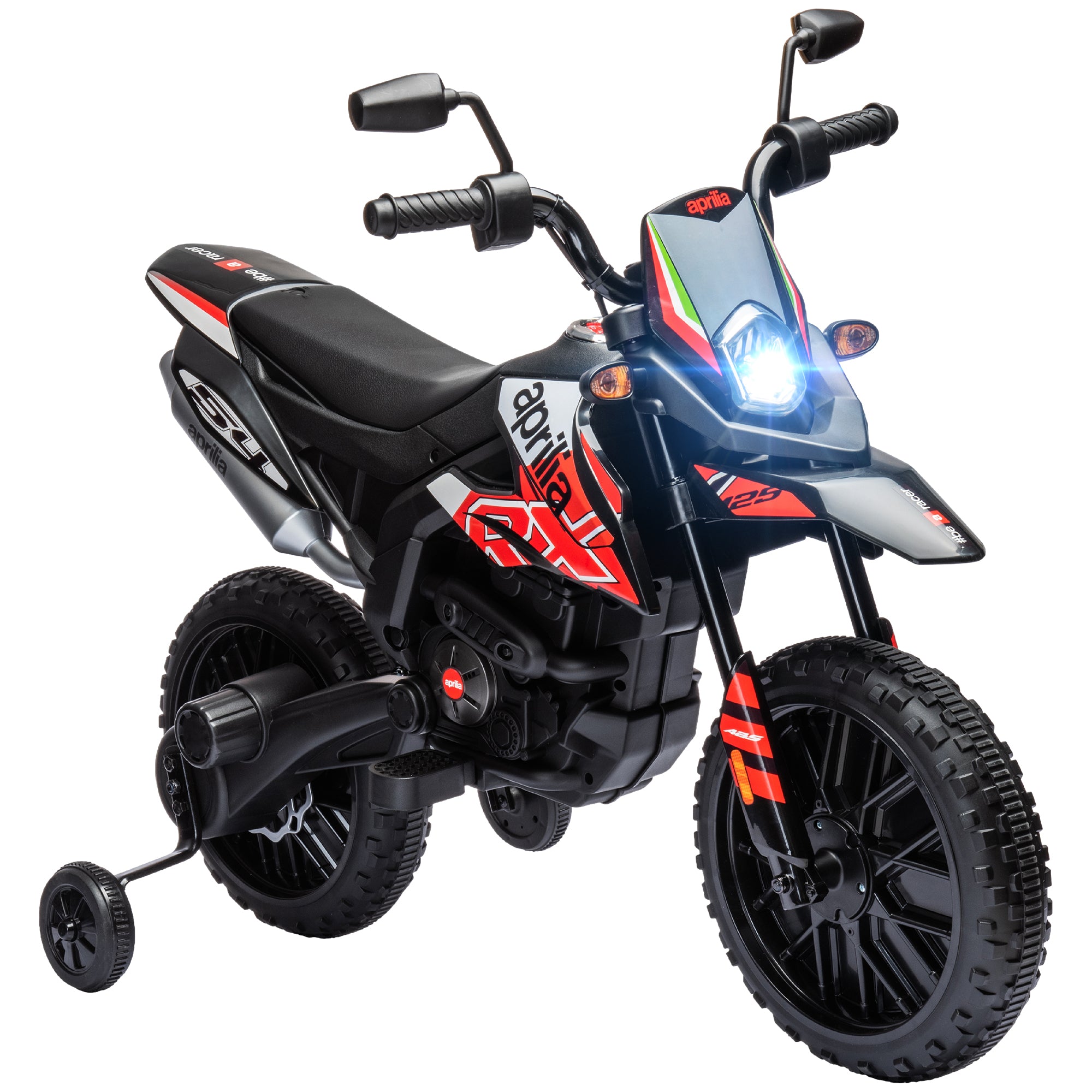 Kids Electric Motorcycle cross bike for children under Aprilia license with 2 12V motors, max speed 6 km/h, training wheels, spring suspension, LED light, music, USB - red