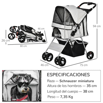 Folding Dog Stroller Pet Stroller for Small Dogs with Adjustable Canopy Storage Basket 2 Universal Wheels Load 15 kg 75x46x94 cm Gray